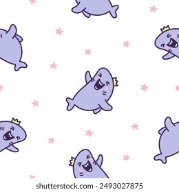 Funny kawaii ocean shark. Seamless pattern. Smiling jaws and comic marine animals character. Hand drawn style. Vector drawing. Design ornaments.