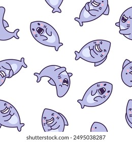 Funny kawaii ocean shark. Seamless pattern. Smiling jaws and comic marine animals character. Hand drawn style. Vector drawing. Design ornaments.