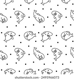 Funny kawaii ocean shark. Seamless pattern. Coloring Page. Smiling jaws and comic marine animals character. Hand drawn style. Vector drawing. Design ornaments.