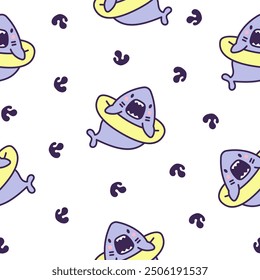 Funny kawaii ocean shark. Seamless pattern. Smiling jaws and comic marine animals character. Hand drawn style. Vector drawing. Design ornaments.