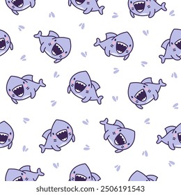 Funny kawaii ocean shark. Seamless pattern. Smiling jaws and comic marine animals character. Hand drawn style. Vector drawing. Design ornaments.