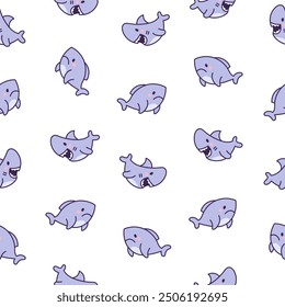 Funny kawaii ocean shark. Seamless pattern. Smiling jaws and comic marine animals character. Hand drawn style. Vector drawing. Design ornaments.