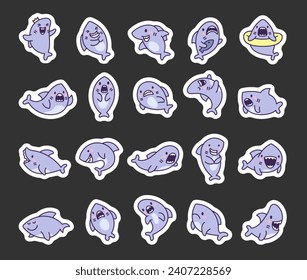 Funny kawaii ocean shark. Sticker Bookmark. Smiling jaws and comic marine animals character. Hand drawn style. Vector drawing. Collection of design elements.