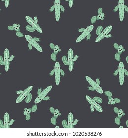 Funny kawaii pattern in pretty childish cactus. Cartoon succulent. Floral seamless background for textile, surface, fabric, wallpapers, scrapbooking, decoupage.