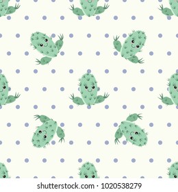 Funny kawaii pattern in pretty childish cactus. Cartoon succulent. Floral seamless background for textile, surface, fabric, wallpapers, scrapbooking, decoupage.