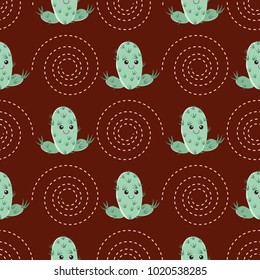 Funny kawaii pattern in pretty childish cactus. Cartoon succulent. Floral seamless background for textile, surface, fabric, wallpapers, scrapbooking, decoupage.