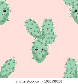 Funny kawaii pattern in pretty childish cactus. Cartoon succulent. Floral seamless background for textile, surface, fabric, wallpapers, scrapbooking, decoupage.