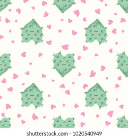 Funny kawaii pattern in pretty childish cactus and hearts. Cartoon succulent. Floral seamless background for textile, surface, fabric, wallpapers, scrapbooking, decoupage.