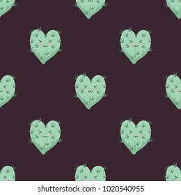 Funny kawaii pattern in pretty childish cactus and hearts. Cartoon succulent. Floral seamless background for textile, surface, fabric, wallpapers, scrapbooking, decoupage.