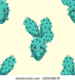 Funny kawaii pattern in pretty childish cactus. Cartoon succulent. Floral seamless background for textile, surface, fabric, wallpapers, scrapbooking, decoupage.