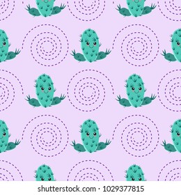 Funny kawaii pattern in pretty childish cactus. Cartoon succulent. Floral seamless background for textile, surface, fabric, wallpapers, scrapbooking, decoupage.