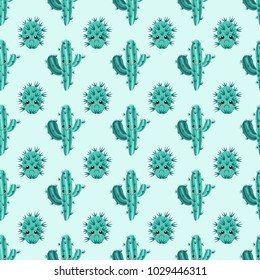 Funny kawaii pattern in pretty childish cactus. Cartoon succulent. Floral seamless background for textile, surface, fabric, wallpapers, scrapbooking, decoupage.