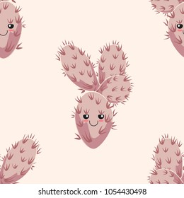 Funny kawaii pattern in pretty childish cactus. Cartoon succulent. Floral seamless background for textile, surface, fabric, wallpapers, scrapbooking, decoupage.
