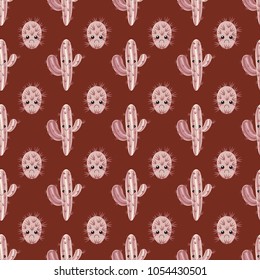 Funny kawaii pattern in pretty childish cactus. Cartoon succulent. Floral seamless background for textile, surface, fabric, wallpapers, scrapbooking, decoupage.