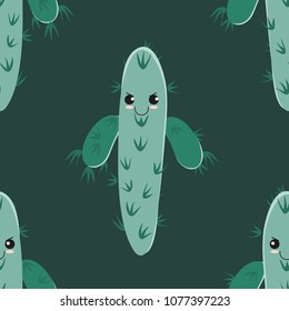 Funny kawaii pattern in pretty childish cactus. Cartoon succulent. Floral seamless background for textile, surface, fabric, wallpapers, scrapbooking, decoupage.