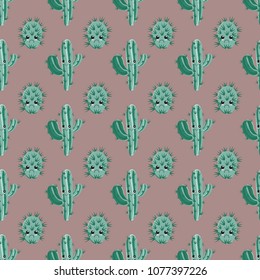 Funny kawaii pattern in pretty childish cactus. Cartoon succulent. Floral seamless background for textile, surface, fabric, wallpapers, scrapbooking, decoupage.