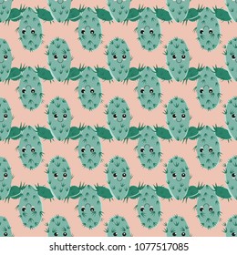 Funny kawaii pattern in pretty childish cactus. Cartoon succulent. Floral seamless background for textile, surface, fabric, wallpapers, scrapbooking, decoupage.