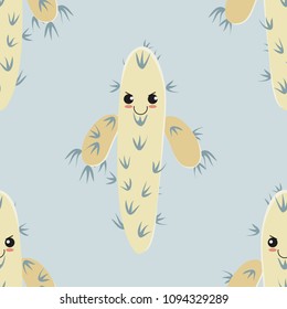 Funny kawaii pattern in pretty childish cactus. Cartoon succulent. Floral seamless background for textile, surface, fabric, wallpapers, scrapbooking, decoupage.