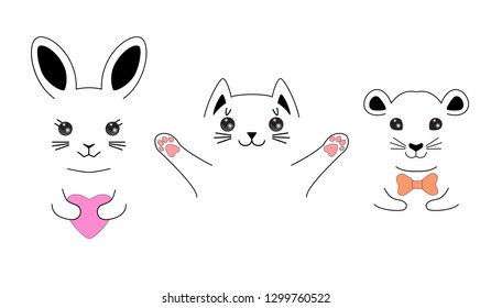 Funny kawaii pets characters: cat, bunny, chinchilla. Cute cartoon hand drawn animals set. Vector illustration.