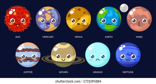 Funny Kawaii Planets With Different Faces. Solar System With Cute Cartoon Planets. Funny Universe For Kids , Sun,  Mars, Mercury, Earth, Venus, Jupiter, Saturn, Uranus, Neptune.