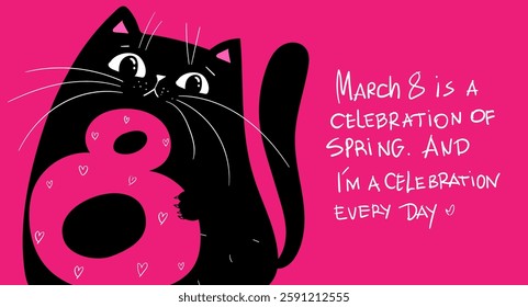 Funny kawaii sarcastic angry Black Cat with Number 8, International Women s Day Cute Illustration.