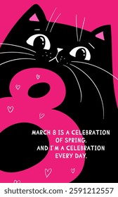 Funny kawaii sarcastic angry Black Cat with Number 8, International Women s Day Cute Illustration.