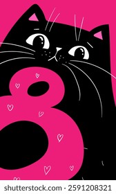 Funny kawaii sarcastic Black Cat with Number 8,  International Women's Day Cute Illustration