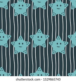 Funny kawaii Starfish on a blue background with white stripes . Vector seamless pattern. Design for fabric, textile, decor.