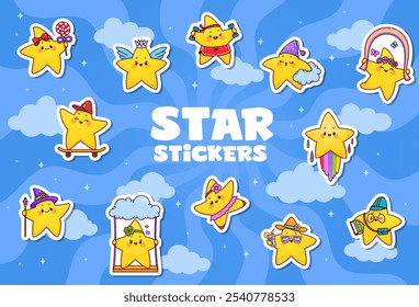 Funny kawaii stars stickers, twinkle characters skateboarding, wearing a wizard hat, and jumping with rainbow, sleeping on cloud, drinking cocktail on a beach on a blue sky background with clouds