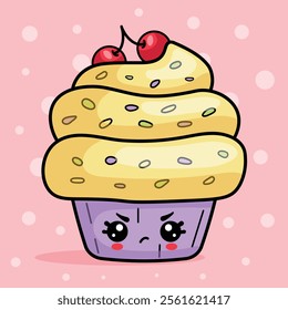 Funny kawaii style cake, cute isolated sweet food vector illustration. Bakery mascot logo evil