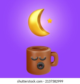 Funny kawaii style coffee or tea cup with moon and star. Realistic cute cartoon character. Trendy 3d vector illustration. Creative design element on simple background. Food concept art.