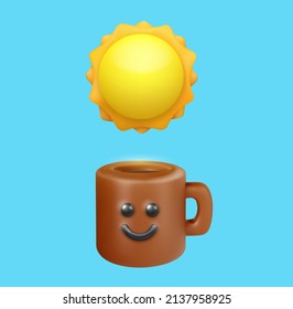 Funny kawaii style coffee or tea cup with sunn. Realistic cute cartoon character. Trendy 3d vector illustration. Creative design element on simple background. Food concept art.