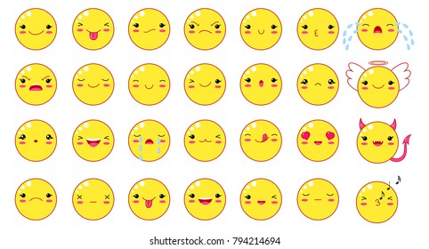 Funny kawaii style emoticon smileys set. Of yellow color with smiling faces, pink cheeks and winking eyes. For web design. EPS8