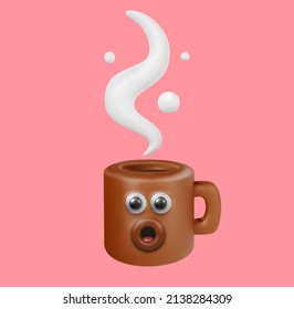 Funny kawaii style hot coffee or tea cup with white steam. Realistic cute cartoon character. Trendy 3d vector illustration. Creative design element on simple background. Food concept art.