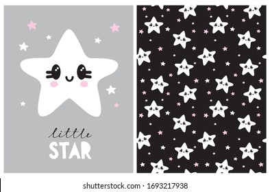 Funny Kawaii Style Little Smiling Star Vector Illustration and Seamless Pattern. Sweet White Twinkle Stars Isolated on a Light Gray Background. Print with Pink and White Stars on a Black Sky. 