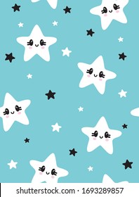 Funny Kawaii Style Little Smiling Star Vector Seamless Pattern. Sweet White Twinkle Stars Isolated on a Light Blue Background. Print with Black and White Stars on a Blue Sky. Lovely Nursery Art.