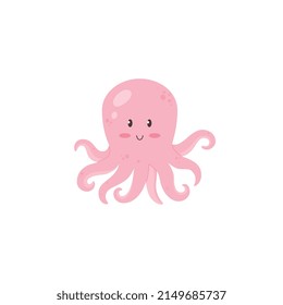 Funny Kawaii style octopus creature, flat cartoon vector illustration isolated on white background. Cute childish sea octopus little animal cartoon character.