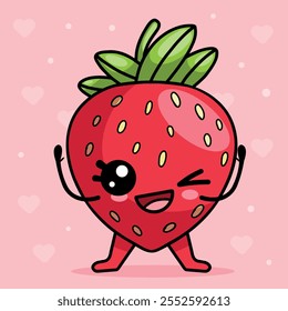 Funny kawaii style strawberry character winks, cute isolated berries vector illustration.