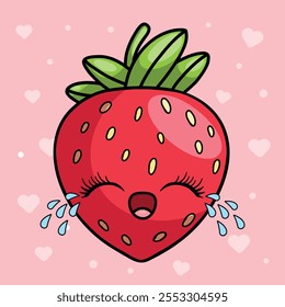  Funny kawaii style strawberry character crying, cute isolated vector illustration on pink background.