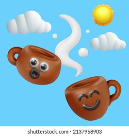 Funny kawaii style two coffee or tea cup with sunn and clouds. Realistic cute cartoon character. Trendy 3d vector illustration. Creative design element on blue sky background. Food concept art.