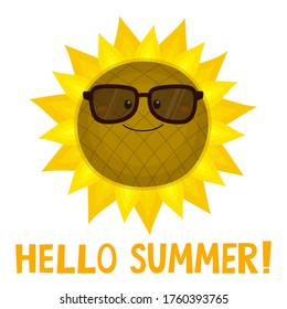Funny kawaii sunflower in sunglasses. Cartoon style. Vector illustration on a white background. For your design of cards, posters, patterns, printing on t-shirts, mugs, avatars.