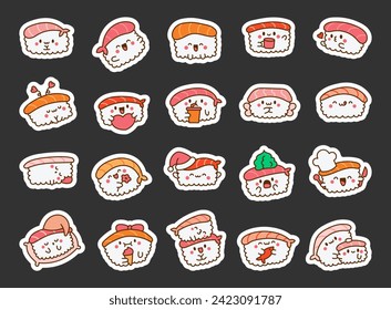 Funny kawaii sushi with cute faces. Sticker Bookmark. Japanese traditional cuisine dishes characters. Hand drawn style. Vector drawing. Collection of design elements.