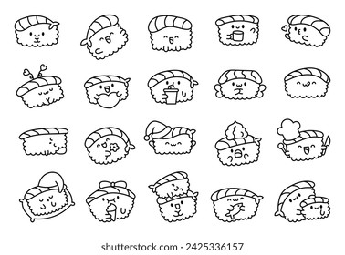 Funny kawaii sushi with cute faces. Coloring Page. Japanese traditional cuisine dishes characters. Hand drawn style. Vector drawing. Collection of design elements.