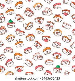 Funny kawaii sushi with cute faces. Seamless pattern. Japanese traditional cuisine dishes characters. Hand drawn style. Vector drawing. Design ornaments.