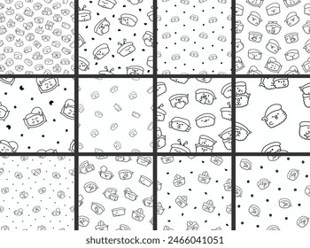 Funny kawaii sushi with cute faces. Seamless pattern. Coloring Page. Japanese traditional cuisine dishes characters. Hand drawn style. Vector drawing. Collection of design ornaments.