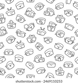 Funny kawaii sushi with cute faces. Seamless pattern. Coloring Page. Japanese traditional cuisine dishes characters. Hand drawn style. Vector drawing. Design ornaments.