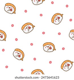 Funny kawaii sushi with cute faces. Seamless pattern. Japanese traditional cuisine dishes characters. Hand drawn style. Vector drawing. Design ornaments.