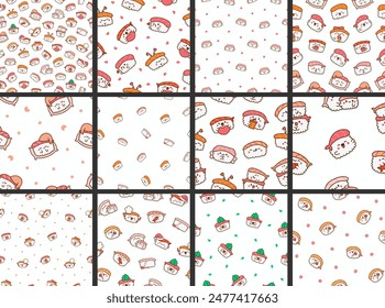 Funny kawaii sushi with cute faces. Seamless pattern. Japanese traditional cuisine dishes characters. Hand drawn style. Vector drawing. Collection of design ornaments.