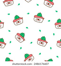 Funny kawaii sushi with cute faces. Seamless pattern. Japanese traditional cuisine dishes characters. Hand drawn style. Vector drawing. Design ornaments.