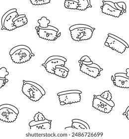 Funny kawaii sushi with cute faces. Seamless pattern. Coloring Page. Japanese traditional cuisine dishes characters. Hand drawn style. Vector drawing. Design ornaments.